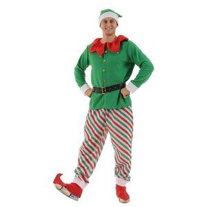 Adult Christmas Elf Costume With Hat & Belt - Green & Red Striped Pants XL
